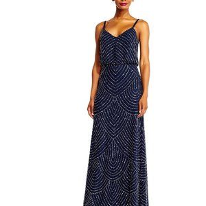 Adrianna Papell Beaded Dress 18W Navy Blue Art Deco Wedding Party Evening Gown